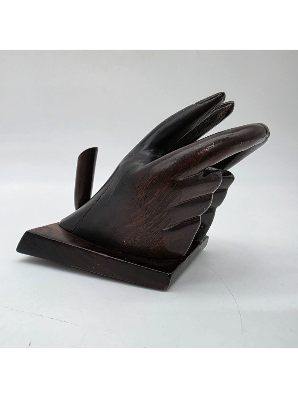 Mahogany Wood Business Card and Pen Holder Desk Organizer Hand Shape Carved